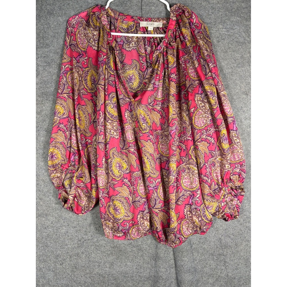 Ann Taylor Loft Pink Paisley Blouson Top Large Long Balloon Sleeve Split Neck